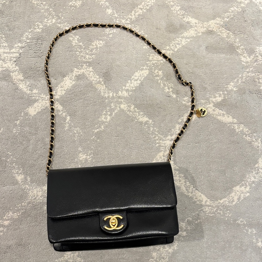 CHANEL mini flap bag black shiny caviar leather with brushed gold hardware